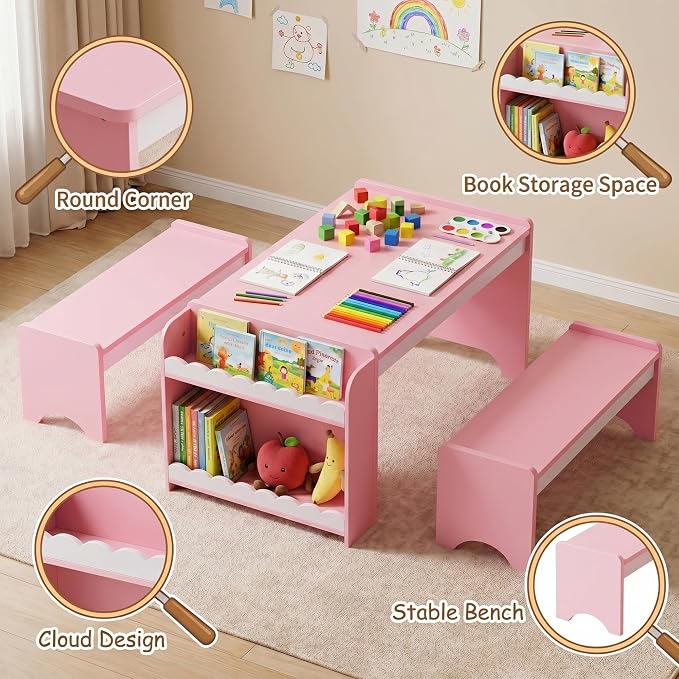 Kids Table and Bench Set, Montessori Kids Table and Chair Set, Indoor Wooden - Image 7