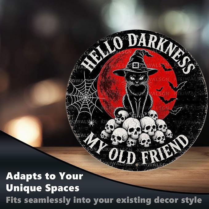 Gothic Black Cat Skull Halloween Metal Tin Sign Round Wall Decor Blood Moon - Image 6