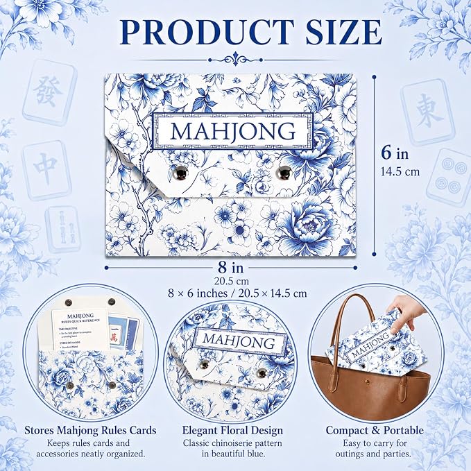 Leather Mahjong Card Clutch Holder Pouch Chinoiserie Floral Mahjong Card Sleeve - Image 2