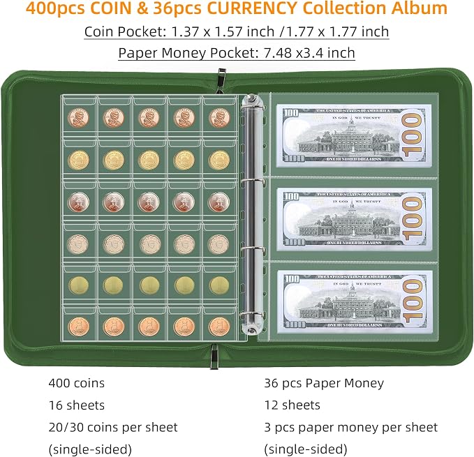 400-Pocket Fireproof Coin Collection Book & 36 Paper Money Organizer Binder | - Image 3