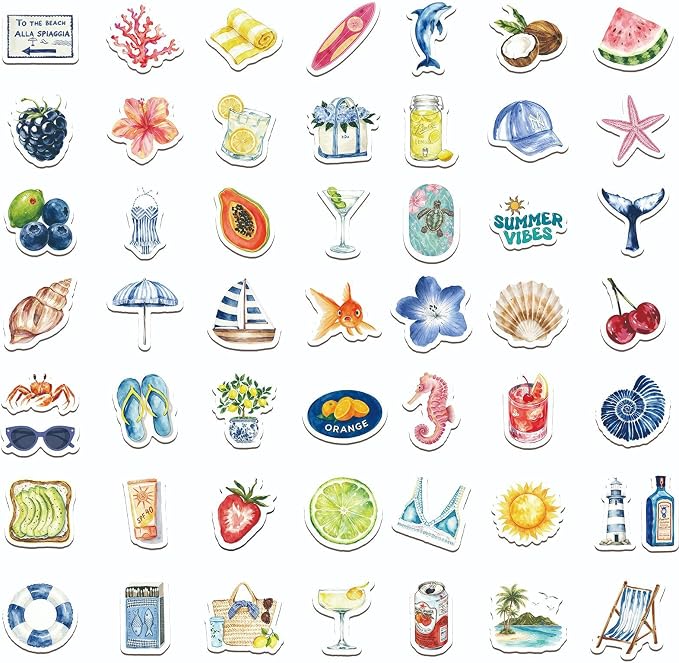 50 Pcs Watercolor Summer Beach Stickers, Tropical Ocean Fruit Sea Creature - Image 3