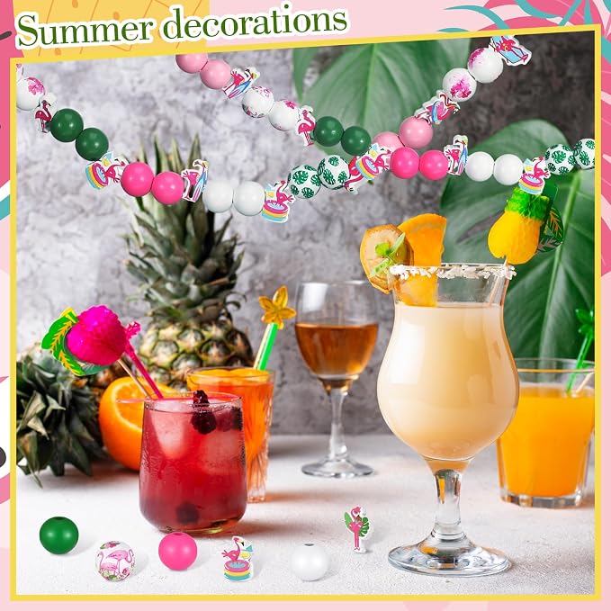Tradder 200 Pcs Summer Flamingo Beach Beads Set Tropical Round Wood Charms - Image 4