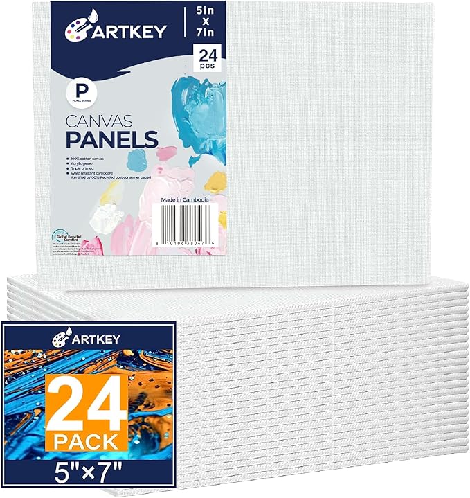 Artkey Canvas Boards 5x7 Inch 24-Pack, 10 oz Primed 100% Cotton White Blank by Artkey