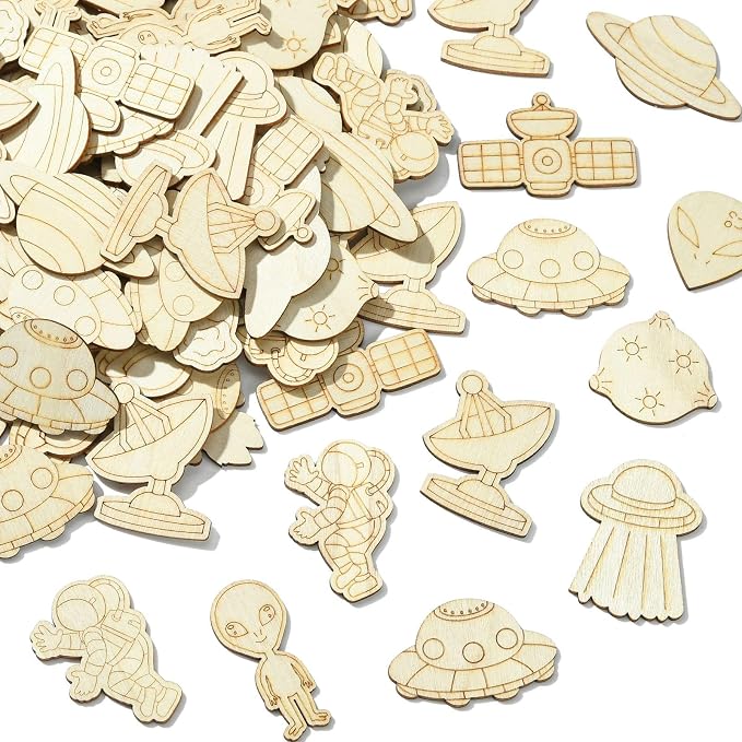 100 pcs Mixed Styles Universe Theme Unfinished Wooden Cutout Charms Alien by Gythara