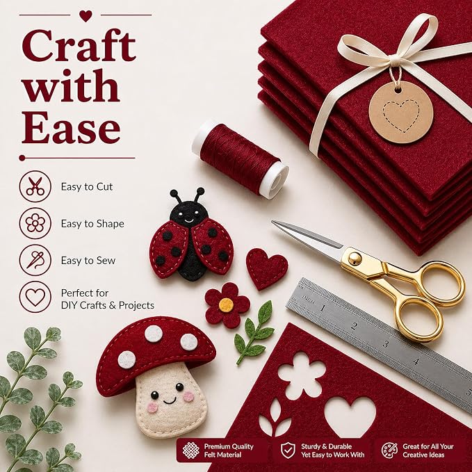 Wine Red Large Felt Fabric 36" x 36", 1mm Stiff Felt Sheet, Nonwoven Fabric - Image 5
