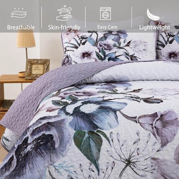 Floral Quilt Set Twin 2 Pieces Boho Purple Floral Quilt Coverlet Set Soft - Image 3