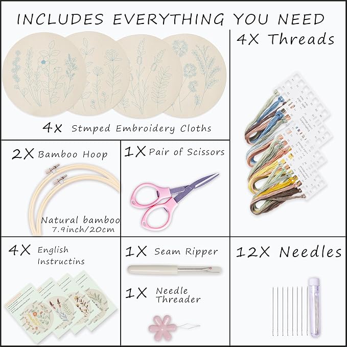 Bonroy 4 Sets Embroidery Kit for Beginners, Embroidery Kit for Art Craft Handy - Image 3