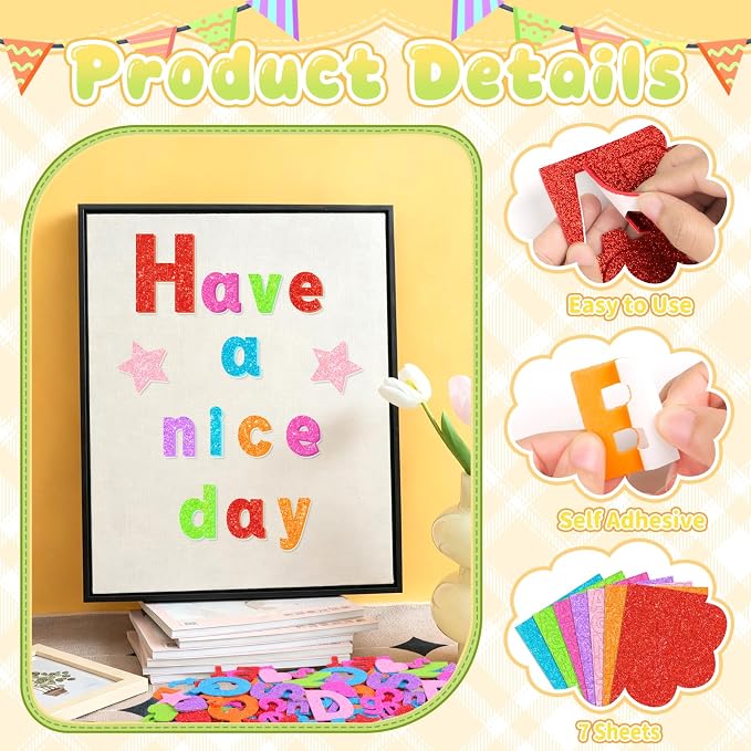 Glitter Foam Letter Stickers 469 Pcs Self-Adhesive Uppercase & Lowercase ABC - Image 3
