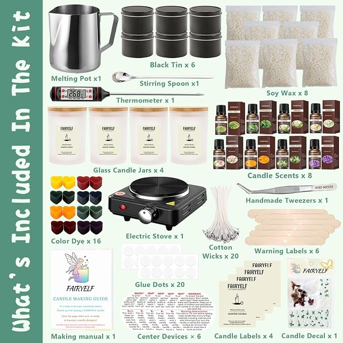 FAIRYELF Soy Candle Making Kit for Adults & Hot Plate, DIY Starter Supplies | - Image 2