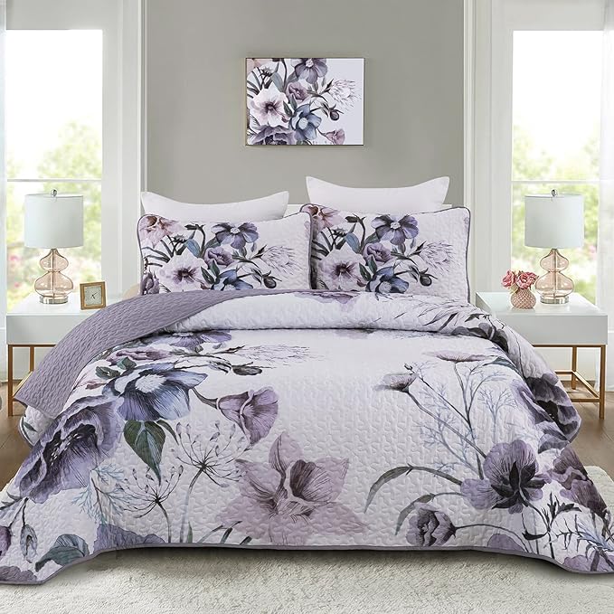 Drucon Purple Floral Quilt Set Queen Size 3 Pieces Purple Botanical Flower by DRUCON