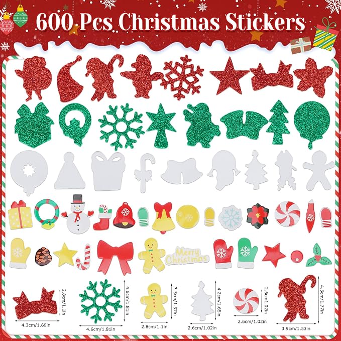 Coopay 600 Pcs Christmas Foam Stickers, Self-Adhesive Glitter Foam Stickers - Image 4