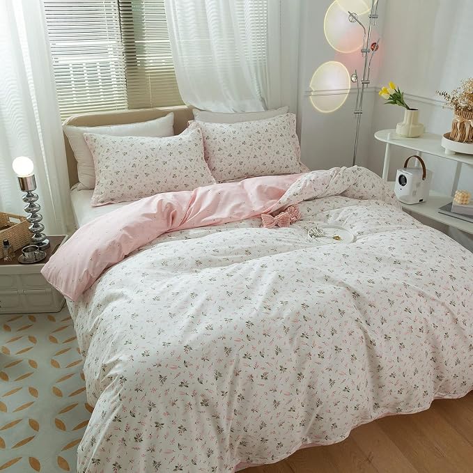 mixinni Cotton Floral Duvet Cover Twin Girl Pink Flower Teenage Girls Duvet - Image 4