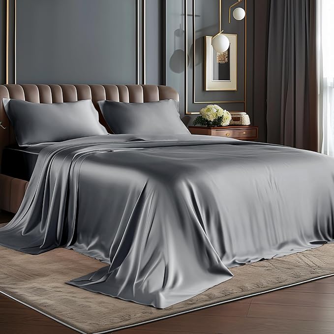 BEDELITE Satin Sheets Full Size Bed Set, Luxury Soft Dark Grey Silky Sheets by BEDELITE