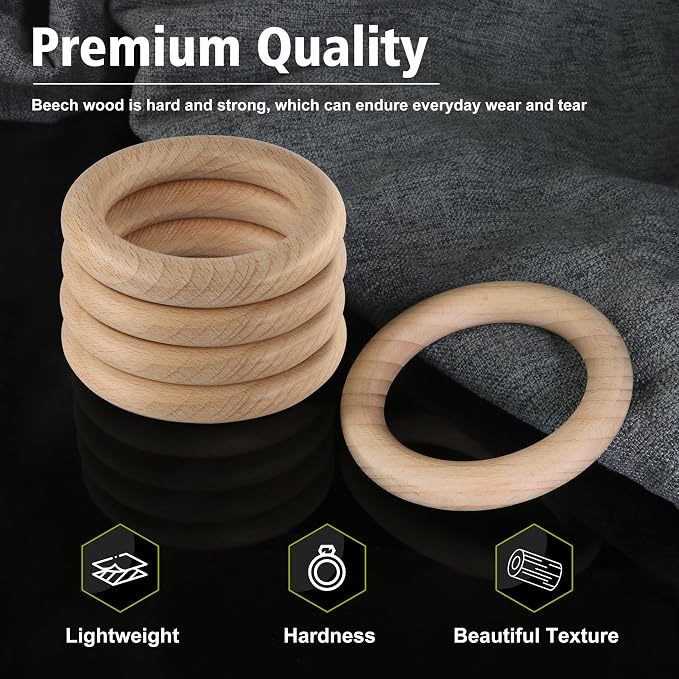 FoDau770 5pcs Natural Beech Wooden Rings, Unfinished Solid Wood Rings Heavy - Image 3