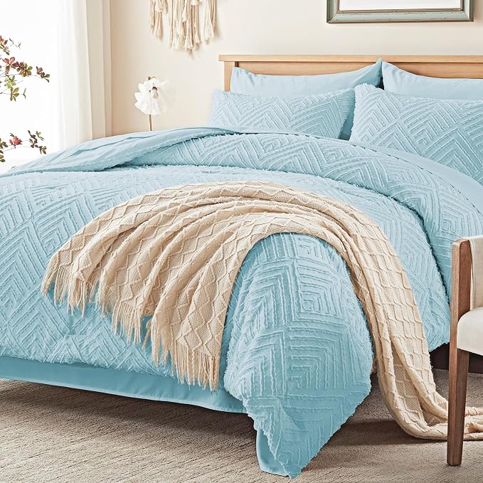 Zzlpp Full Comforter Set 7 Pieces, Light Blue Tufted Bed in a Bag - Image 2