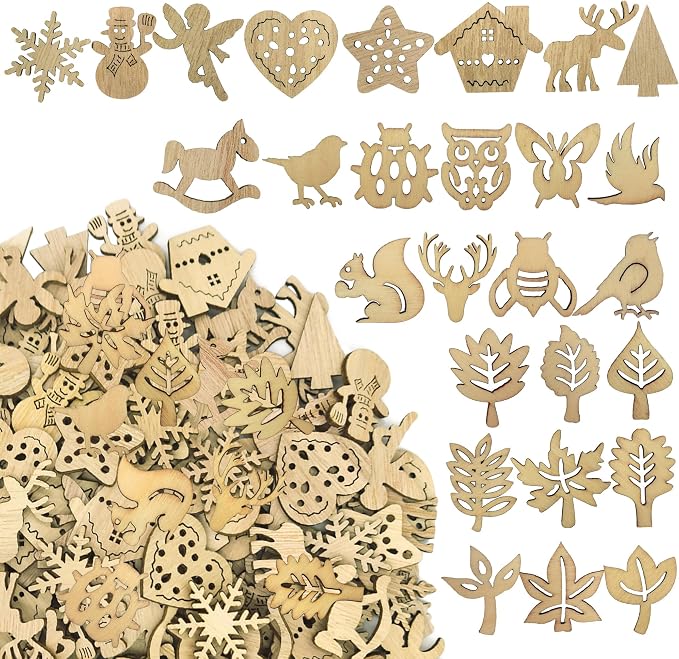 DIYOMR 200Pcs Hollow Wood Pieces Unfinished Wooden Vintage Embellishments by DIYOMR