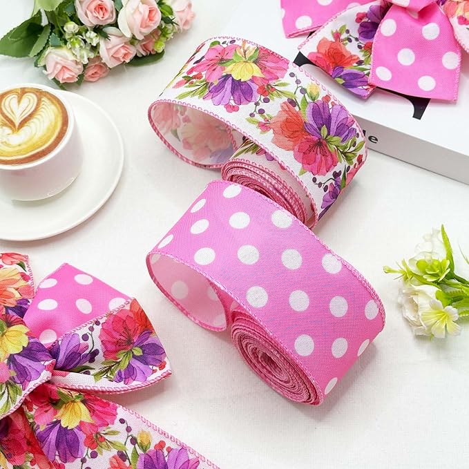 2 Rolls Spring Summer Pink Floral Wired Ribbon, 20 Yards White Dot and Colorful - Image 6
