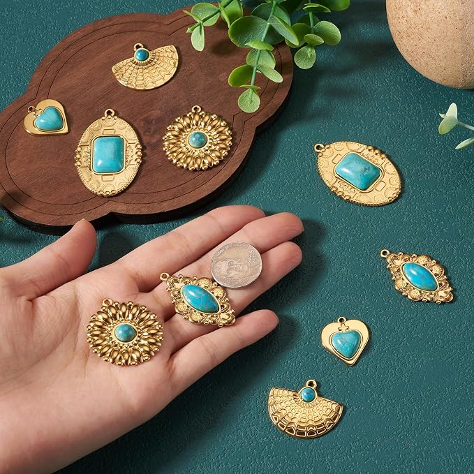 10Pcs Synthetic Turquoise Stone Charms Golden Bohemian Style Turquoise Charm - Image 2