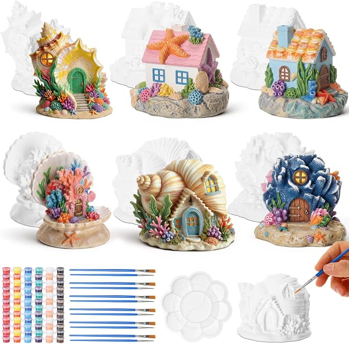 Thyle 6 Set 5 Inch Ceramics Fairy House to Paint Ocean Fairy Garden House Craft by Thyle