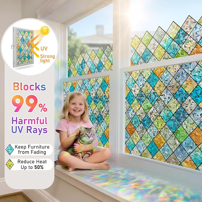 Sunbaby Window Privacy Film Stained Glass Decorative Rainbow Window Cling 3D - Image 3
