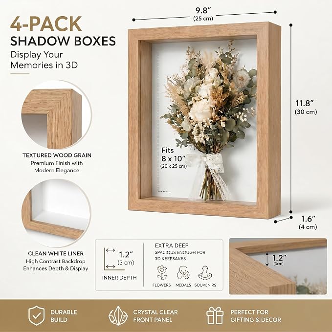 4 Pack 8x10Shadow Box Frame Set, Deep Wood Display Case - Image 2