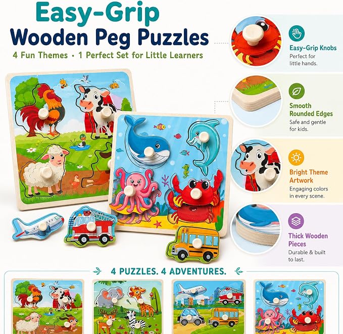 Wooden Peg Puzzle Set for Toddlers, 4 Pack Animal Vehicle Ocean Farm Puzzles - Image 4