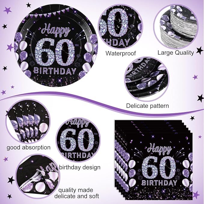 Pickmesh 400 Pcs 60th Birthday Party Supplies Purple Black Happy Birthday - Image 2