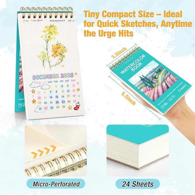 3-Pack Small Watercolor Sketchbook, 3.5" x5.5”, Spiral Bound - Image 2