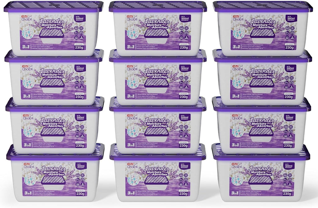 W&E Choice Moisture Absorbers with Lavender Scent, Portable Dehumidifier for Closet & Bathrooms, Kitchen, Humidity Absorber Odor Eliminator Absorber, 12Pack