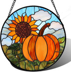 DASTOLL Stained Glass Window Hanging Fall Farm Scenery Sunflower Pumpkin 7.8" by DASTOLL