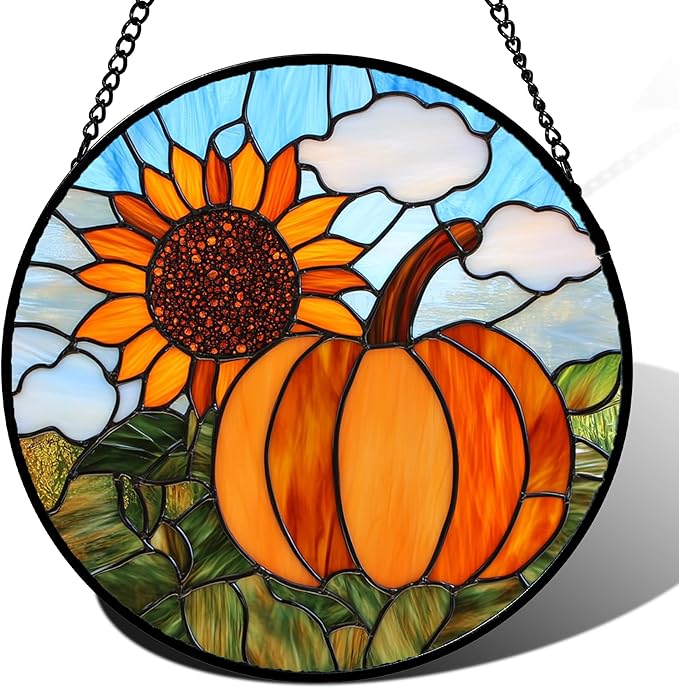 DASTOLL Stained Glass Window Hanging Fall Farm Scenery Sunflower Pumpkin 7.8" by DASTOLL