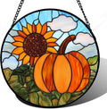 DASTOLL Stained Glass Window Hanging Fall Farm Scenery Sunflower Pumpkin 6.3" by DASTOLL