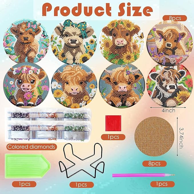 ijbnhd 8 Pack Highland Cow Diamond Art Coasters Kits | Cow Diamond Painting - Image 3