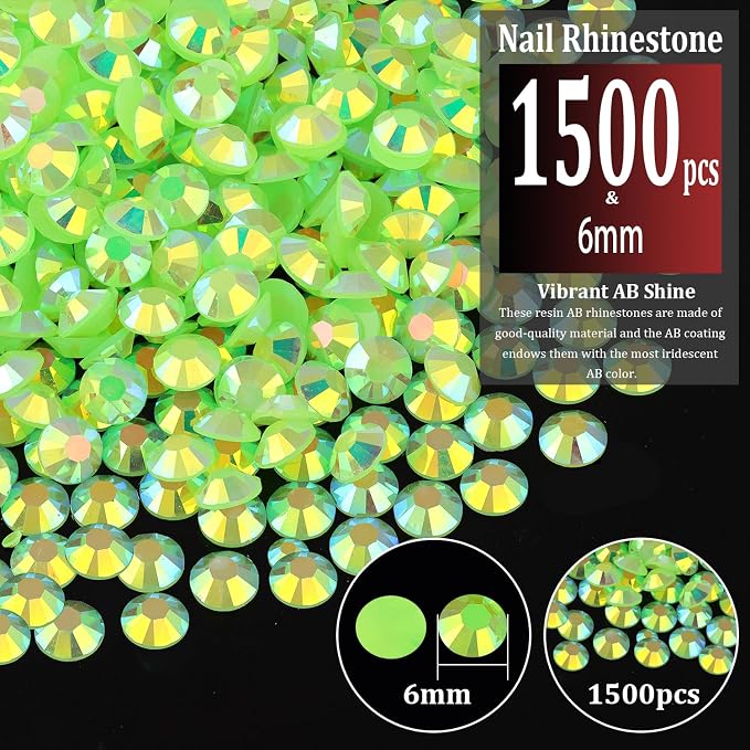 1500pcs 6mm Resin Rhinestones Bulk, Fluorescent Green AB Flatback Round Jelly - Image 2