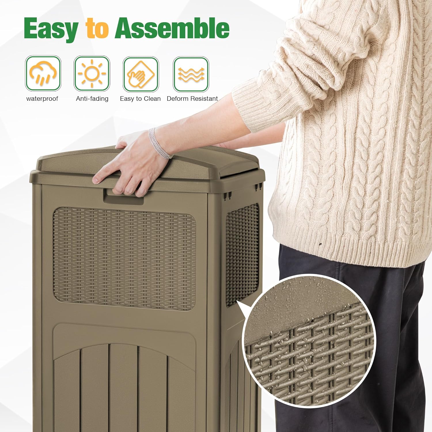 Flamaker 30 Gallon Trash Can, Resin Outdoor Garbage Can with Lid, Waterproof Hideaway Patio Waste Bins for Outside Use (2 Pack, Brown)