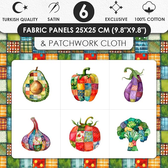 Vegetable Patchwork Cotton Fabric Panel – 6 Designs + Bonus Patchwork Sheet - Image 3
