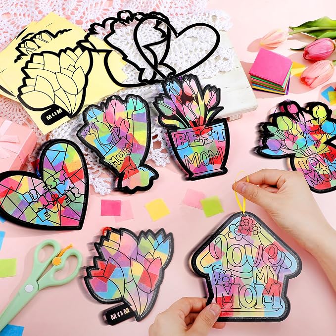 Eersida 32 Pcs Mothers Day Suncatchers Paper Craft Set DIY Flower Shaped - Image 2