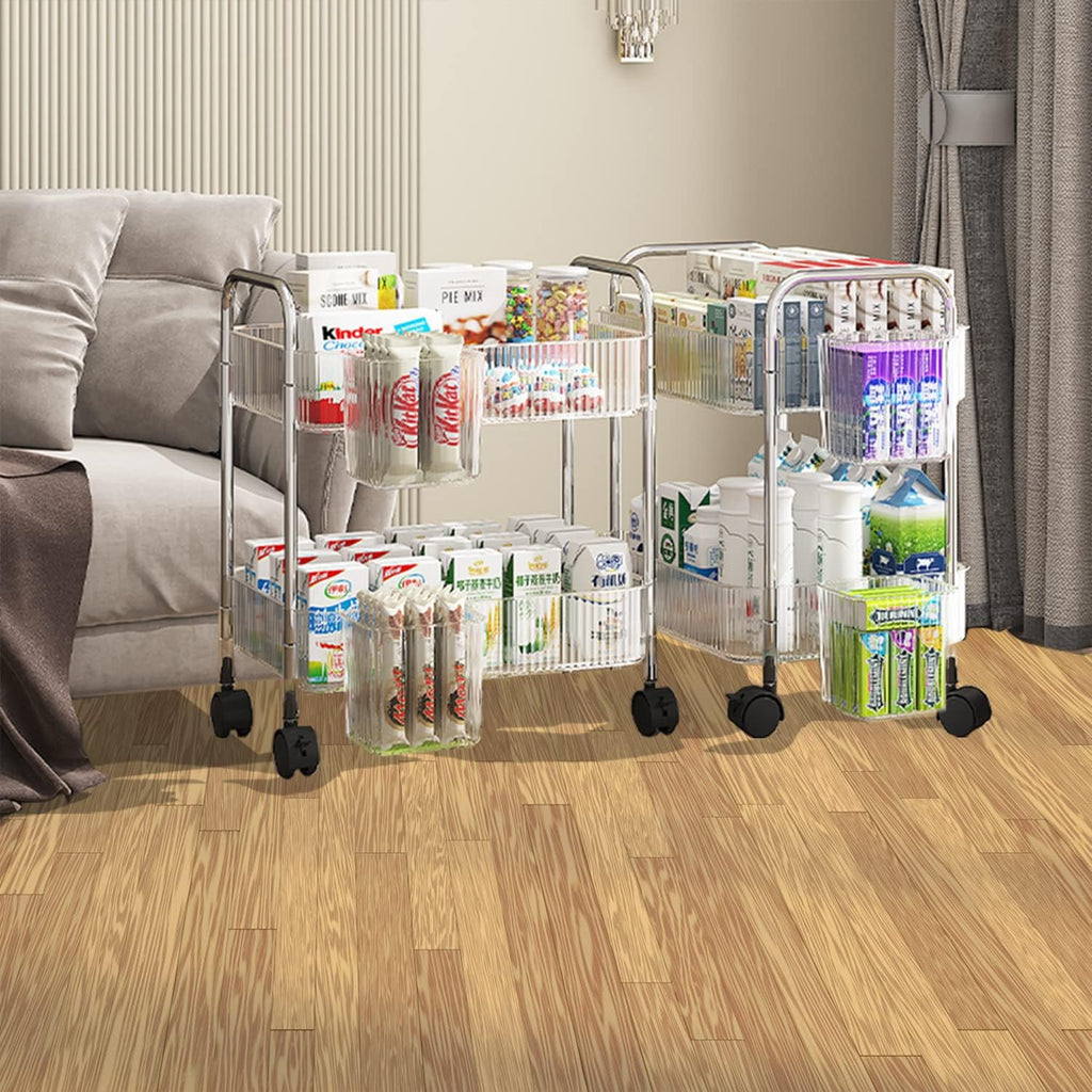 2-Tier Utility Rolling Cart Storage Organizer Sofa Side Table with Wheels, Under Desk Mobile Trolley Organizer with Handle and 2 Hanging Baskets for Office Home Kitchen Organization, Transparent