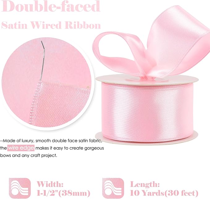HUIHUANG Pink Satin Wired Ribbon 1-1/2 inch Light Pink Wire Ribbon - Image 2