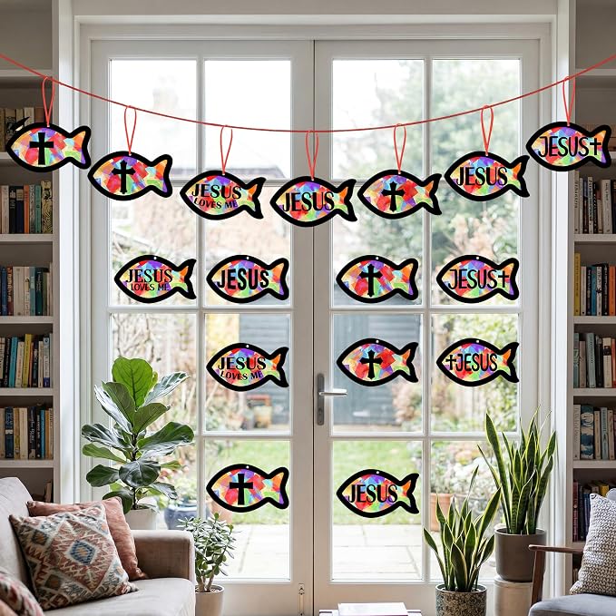 48PCS Sunday School VBS Crafts Bulk: Paper Jesus Fish Nativity Suncatchers - Image 2