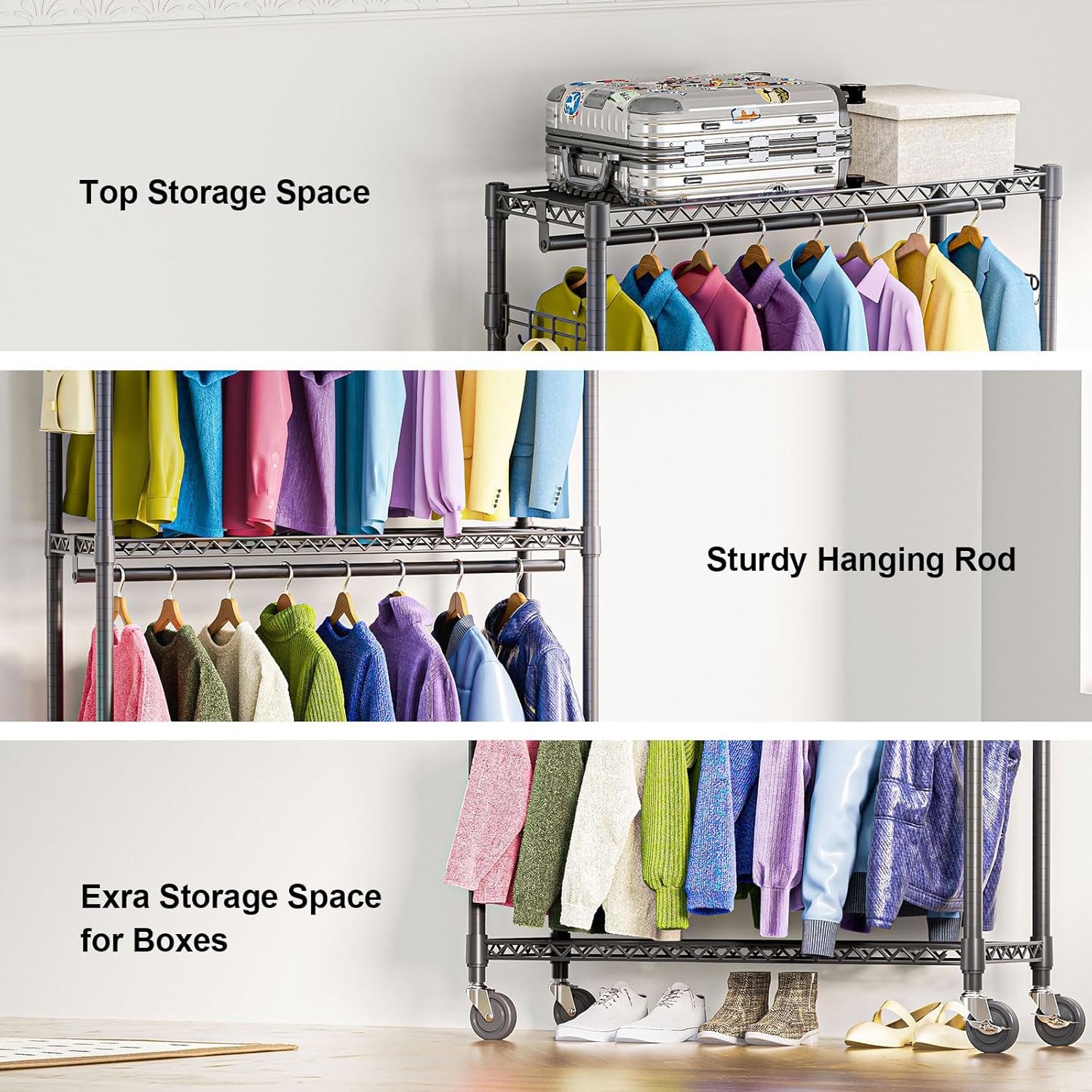 Heavy Duty Rolling Garment Rack 3 Tiers Adjustable Wire Shelving Clothes Rack with 2 Rods and Side Hooks,Storage Closet Clothing Rack with Wheels Black 15.7" D x 45.3" W x 79.6" H