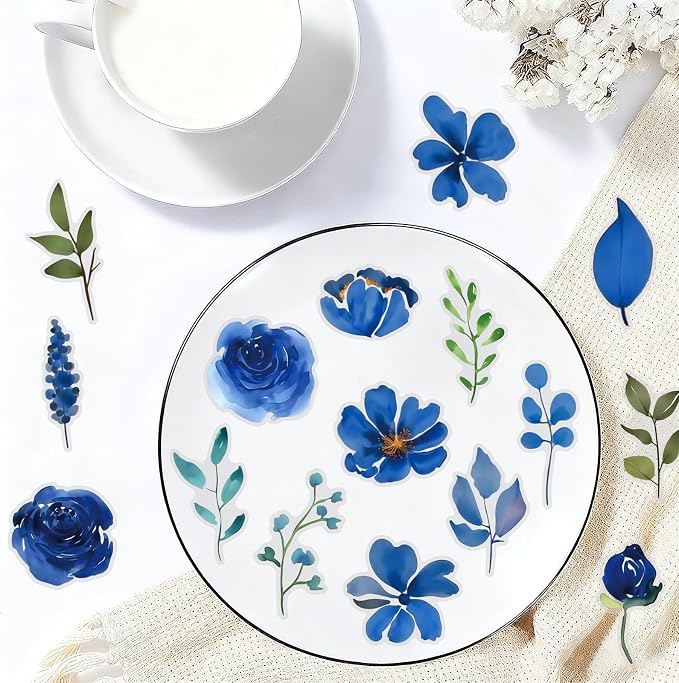 50PCS Blue Watercolor Flower PET Stickers, Waterproof Botanical Stickers - Image 6