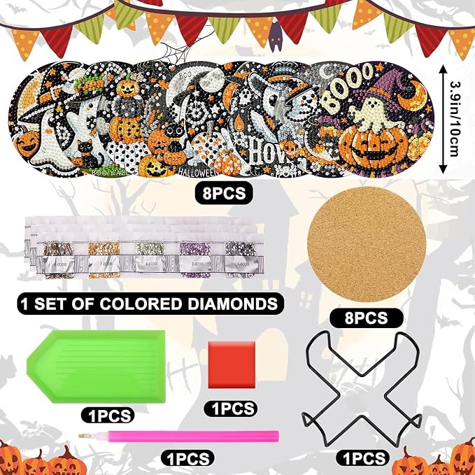 Axquilon 8 Pcs Halloween Diamond Art Coasters Kit - Image 2