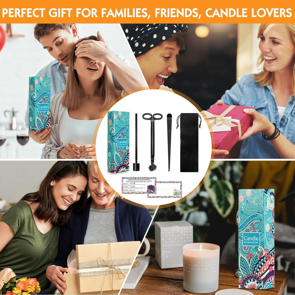 4 in 1 Candle Accessories Kit - Professional Wick Trimmer, Snuffer and Dipper with Velvet Pouch, Gift Package for Candle Lovers (Black)