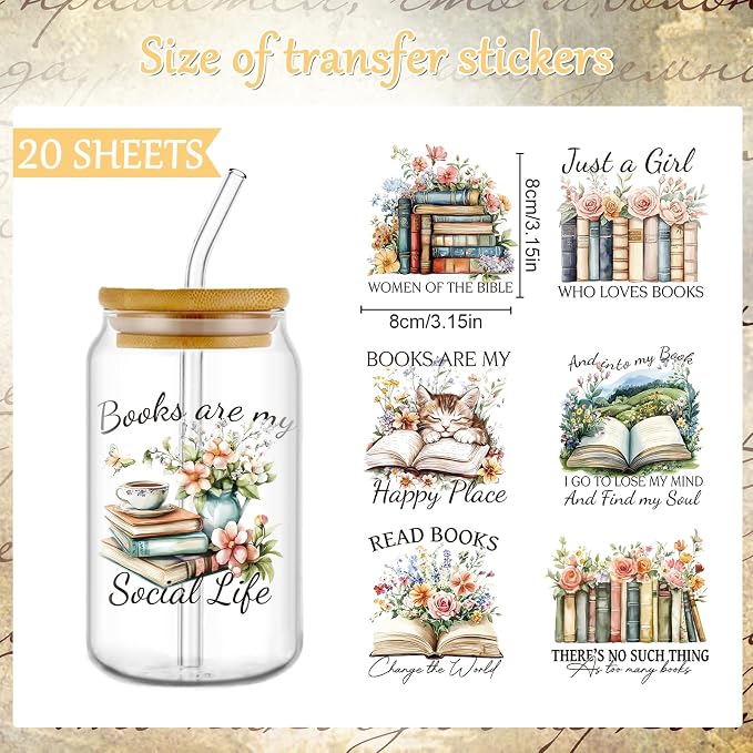 Rngmsi 20 Sheets Reading Books UV DTF Cup Wrap Cold UV DTF Transfer Sticker | - Image 2