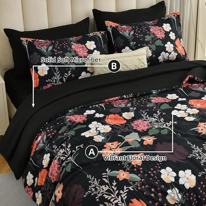 Yiran Black Red Floral Comforter Set King Size, 7 Piece Winter Comforter - Image 4