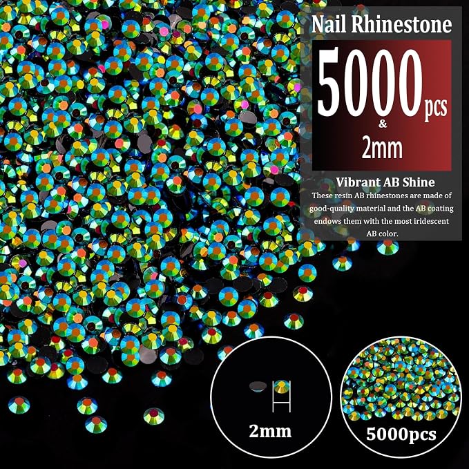 5000pcs 2mm Resin Rhinestones Bulk, Emerald Black AB Flatback Round Jelly - Image 2