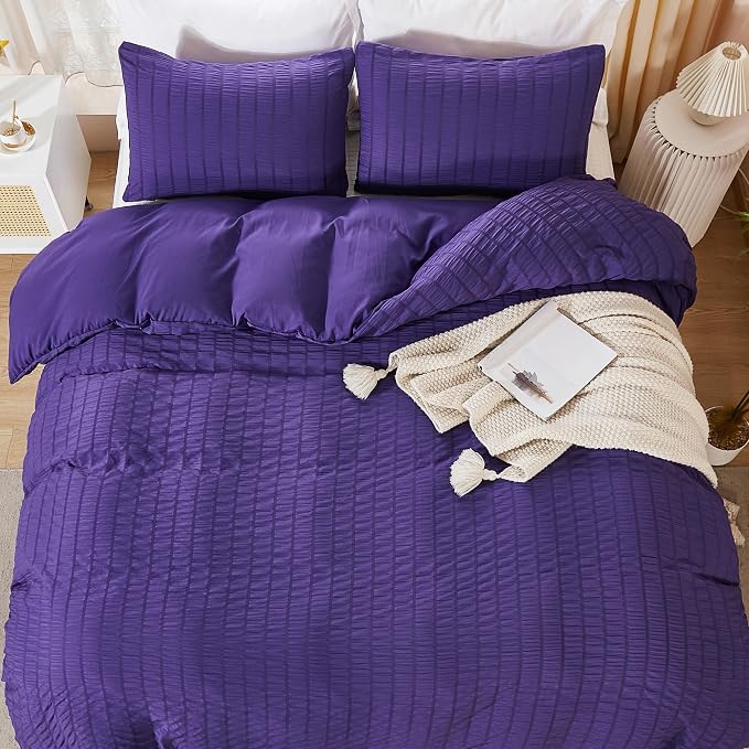 AveLom Seersucker Duvet Cover Set Queen Size, 3 Pieces, Dark Purple Ultra Soft - Image 7