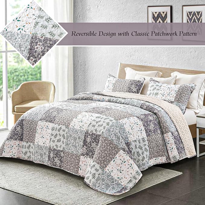 Whale Flotilla Patchwork Quilt King Size, Extra Soft Boho Floral Bedspreads - Image 2