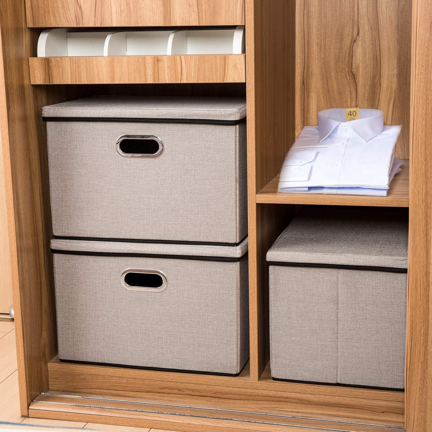 PRANDOM Extra Large Collapsible Storage Bins with Lids [3-Pack] Linen Fabric Foldable Storage Baskets Boxes Organizer Containers Cube with Cover for Bedroom Closet Office Nursery (22.8x15.7x13.8)